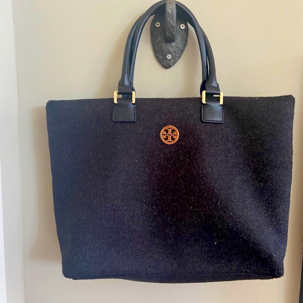 Tory Burch Black Wool Tote with Gold Logo Medallion
